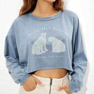 American Eagle Outfitters Save The Earth Blue Long Sleeve Tee Polar Bear T-shirt